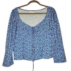 Wayward Fancies eShakti Womans Blouse Blue White Floral Scoop Neck Empire Waist‎